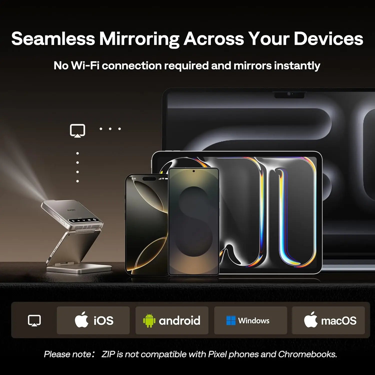 Tri-Fold Mini Projector, Pocket Size, Zero-Lag Focus, Screen Mirroring, Type-C Fast Charging, 5000mAh Battery