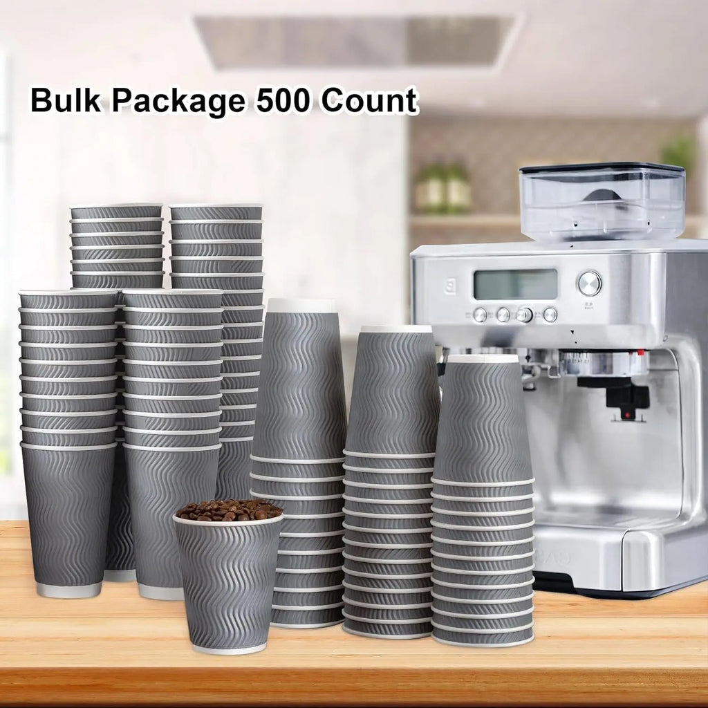 500 Count 12 oz Insulated Disposable Paper Cups, Corrugated Ripple Wall for Hot Beverages (Grey)