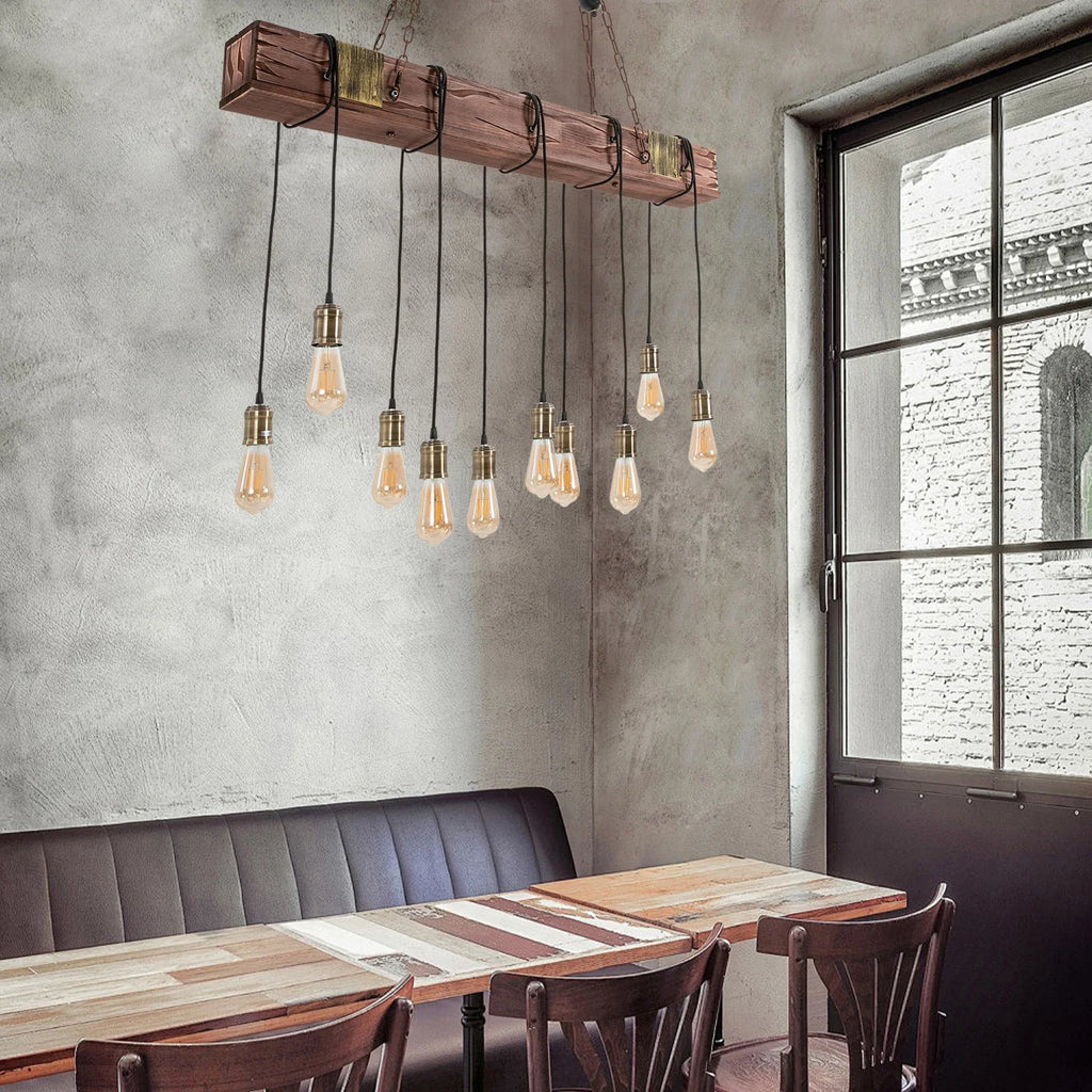 10-Light Rustic Industrial Wooden Chandelier Pendant Light Hanging Fixture, Vintage Farmhouse Style, Adjustable Chain Lighting