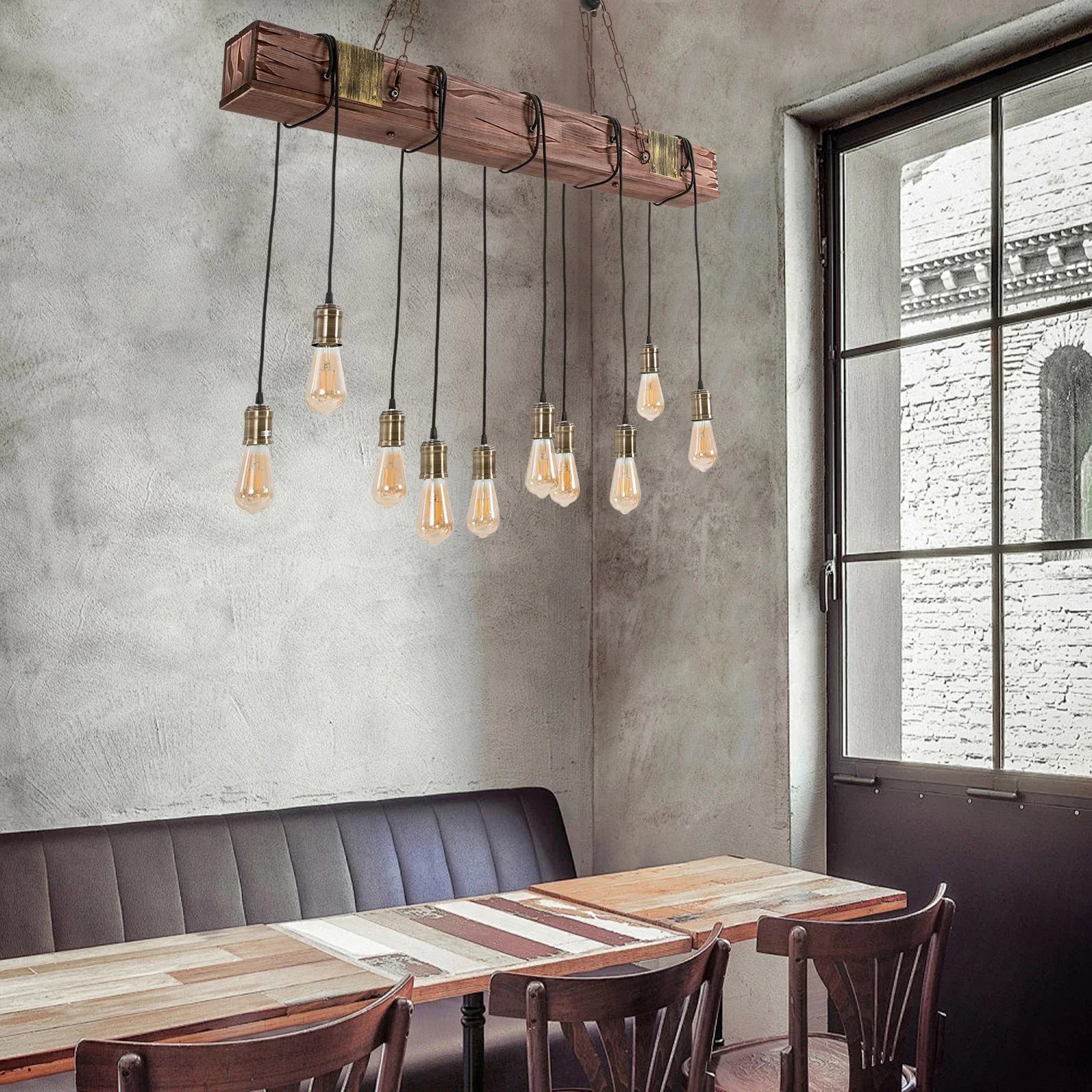 10-Light Rustic Industrial Wooden Chandelier Pendant Light Hanging Fixture, Vintage Farmhouse Style, Adjustable Chain Lighting