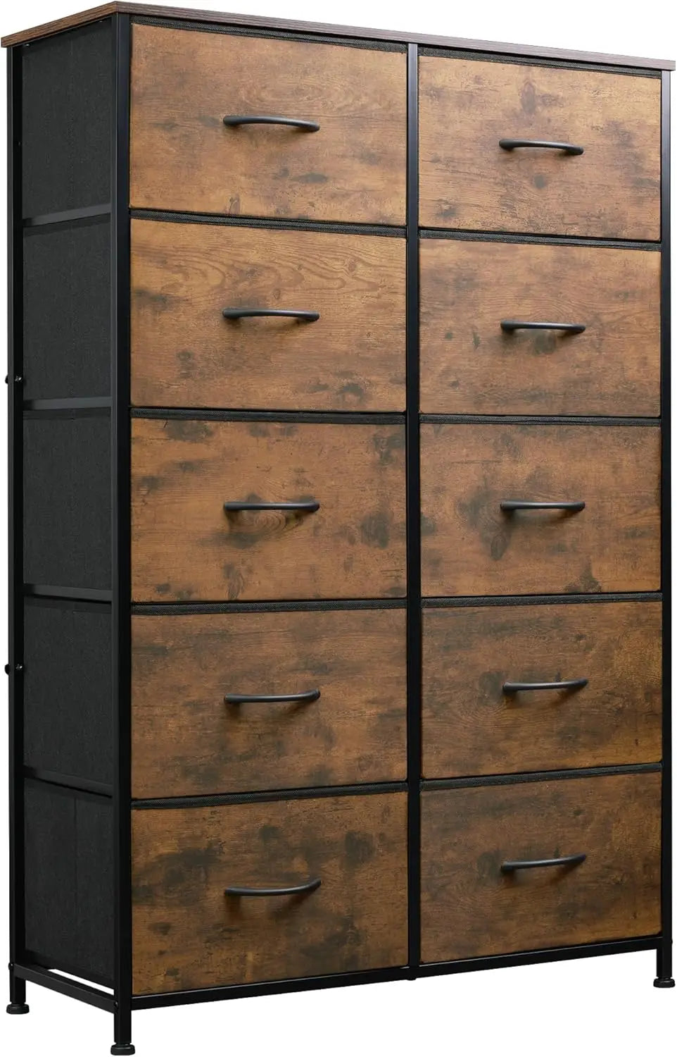 Tall Fabric Dresser with 10 Drawers, Metal Frame, Rustic Brown Wood Grain Print for Bedroom Storage
