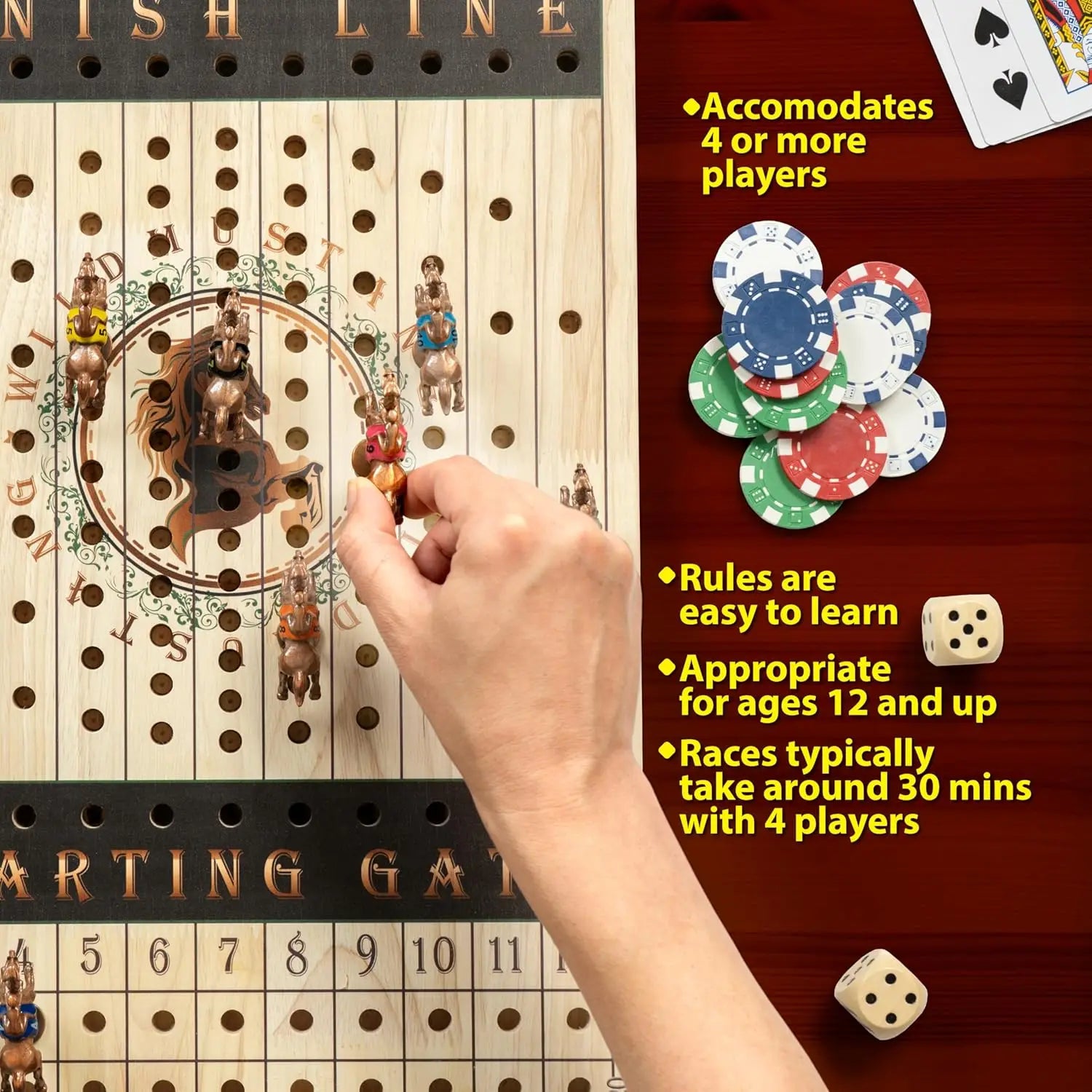 New Metal Horse Race Board Game with 11 Horses, Dice, Cards, Wooden Chessboard - Adult Family Party Game