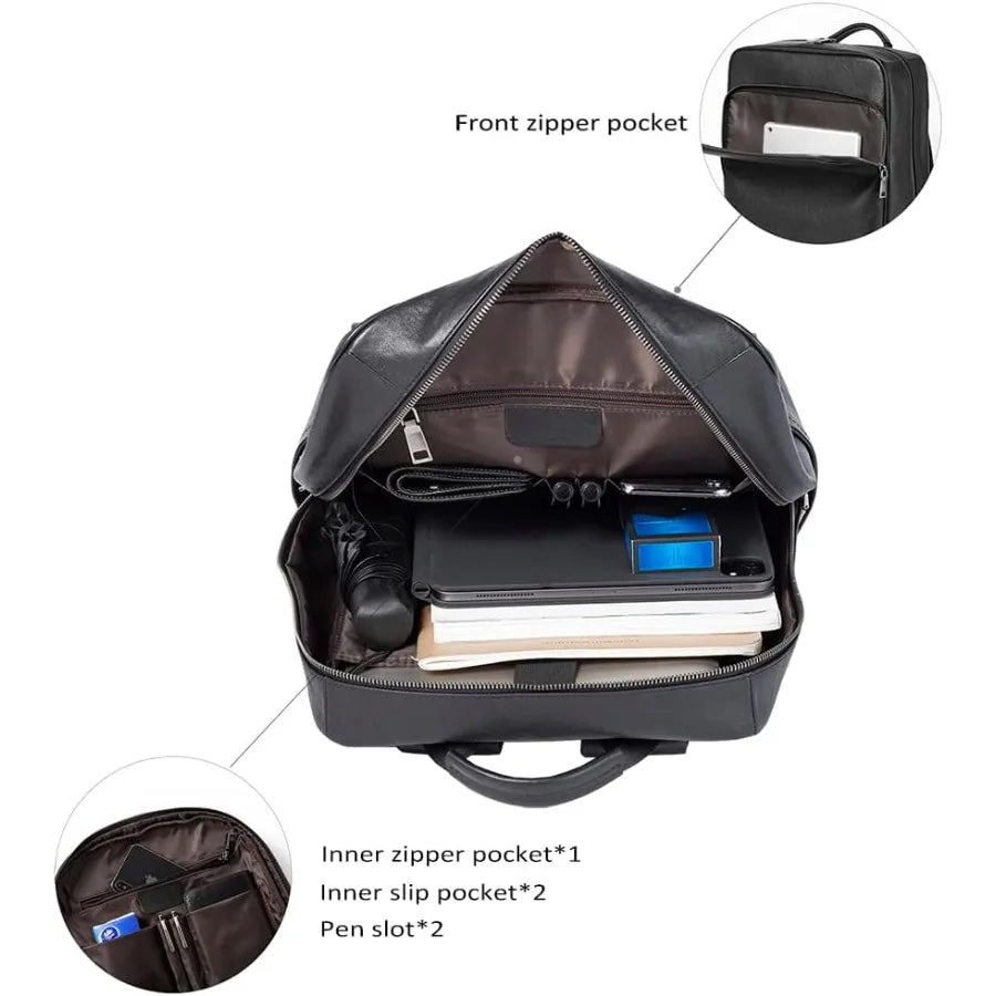 15.6 Inch Genuine Leather Laptop Backpack for Men Women Business Travel Backpack Hiking Rucksack Daypack 1#Black