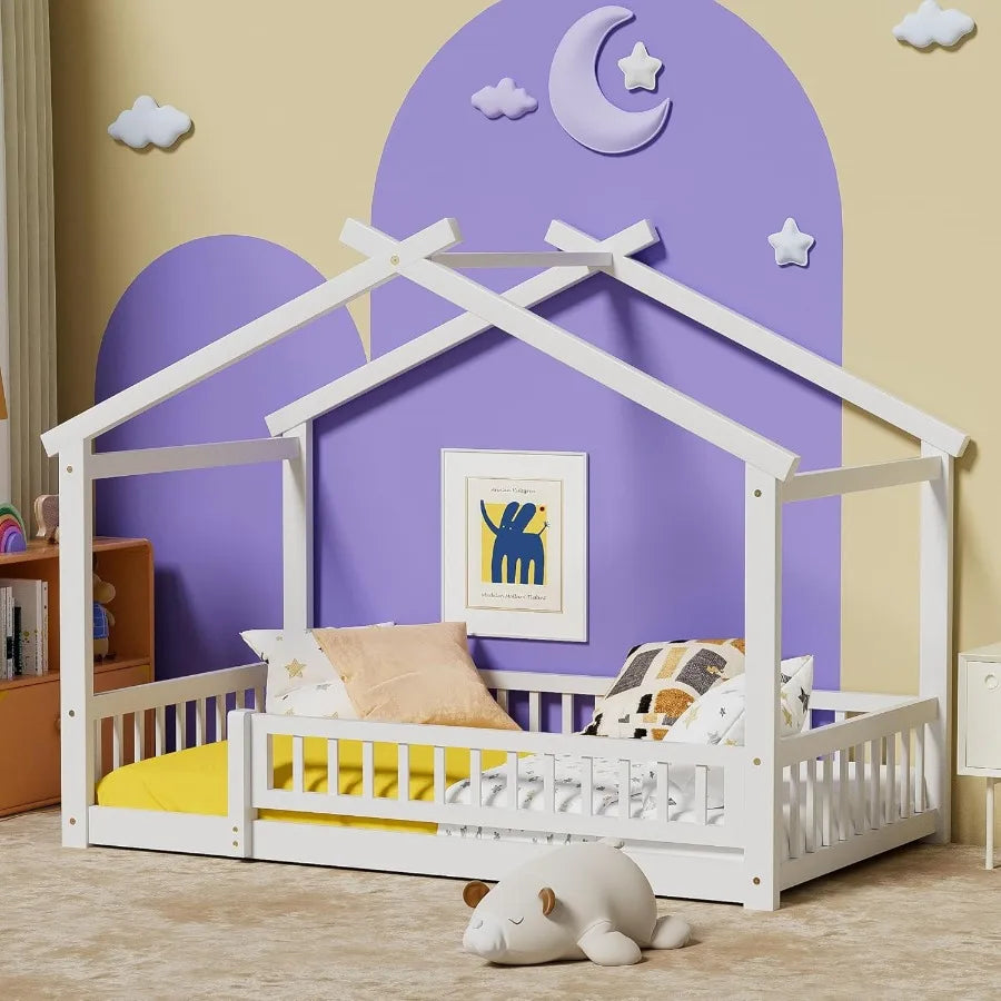 Twin House Bed with Fence Wooden Montessori Bed with Slats Support Floor Bed Frame for Boys Girls Bedroom White