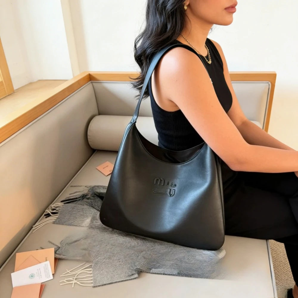 Black Leather Hobo Bag - Trendy Large Capacity Shoulder Bag with Embossed Logo, Fashion Women's Designer Handbag