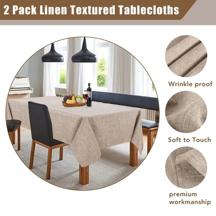 Faux Linen Tablecloths Rectangle 60 x 102 Inch 2 Pack Neutral Table Clothes for 68 Foot Tables, Nature Faux Burlap Kitchen Table