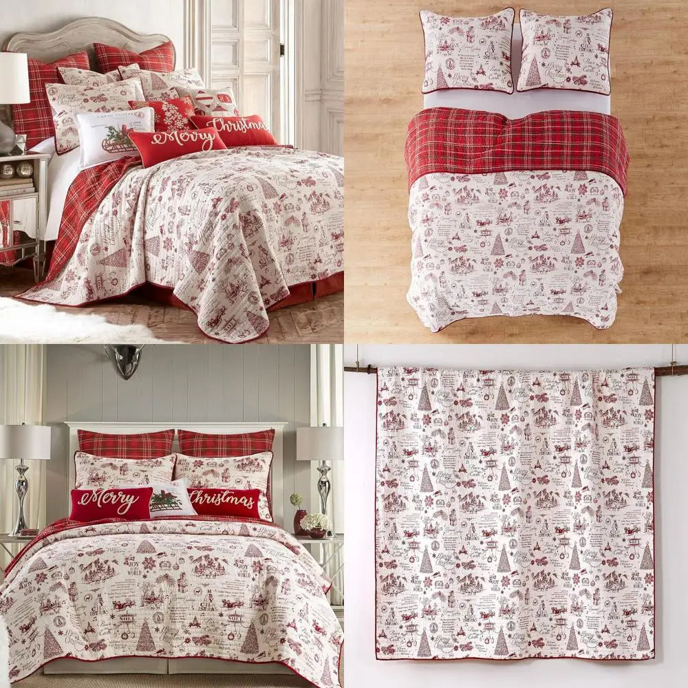 Red & Cream Christmas Script Cotton Quilt Set - Full/Queen 88x92in + 2 Pillow Shams 26x20in - Reversible