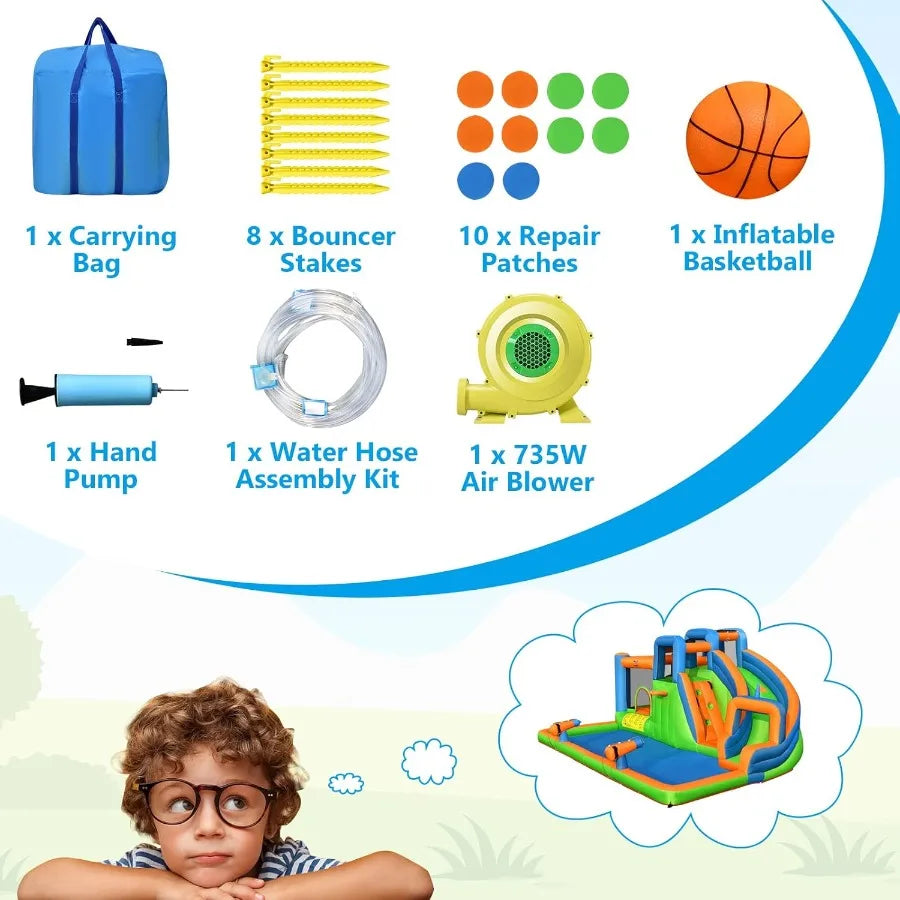 OLAKIDS Inflatable Water Slide 7 in 1 Bounce House Water Park with Slide Splash Pool Climbing Wall 2 Water Guns Basketball Rim