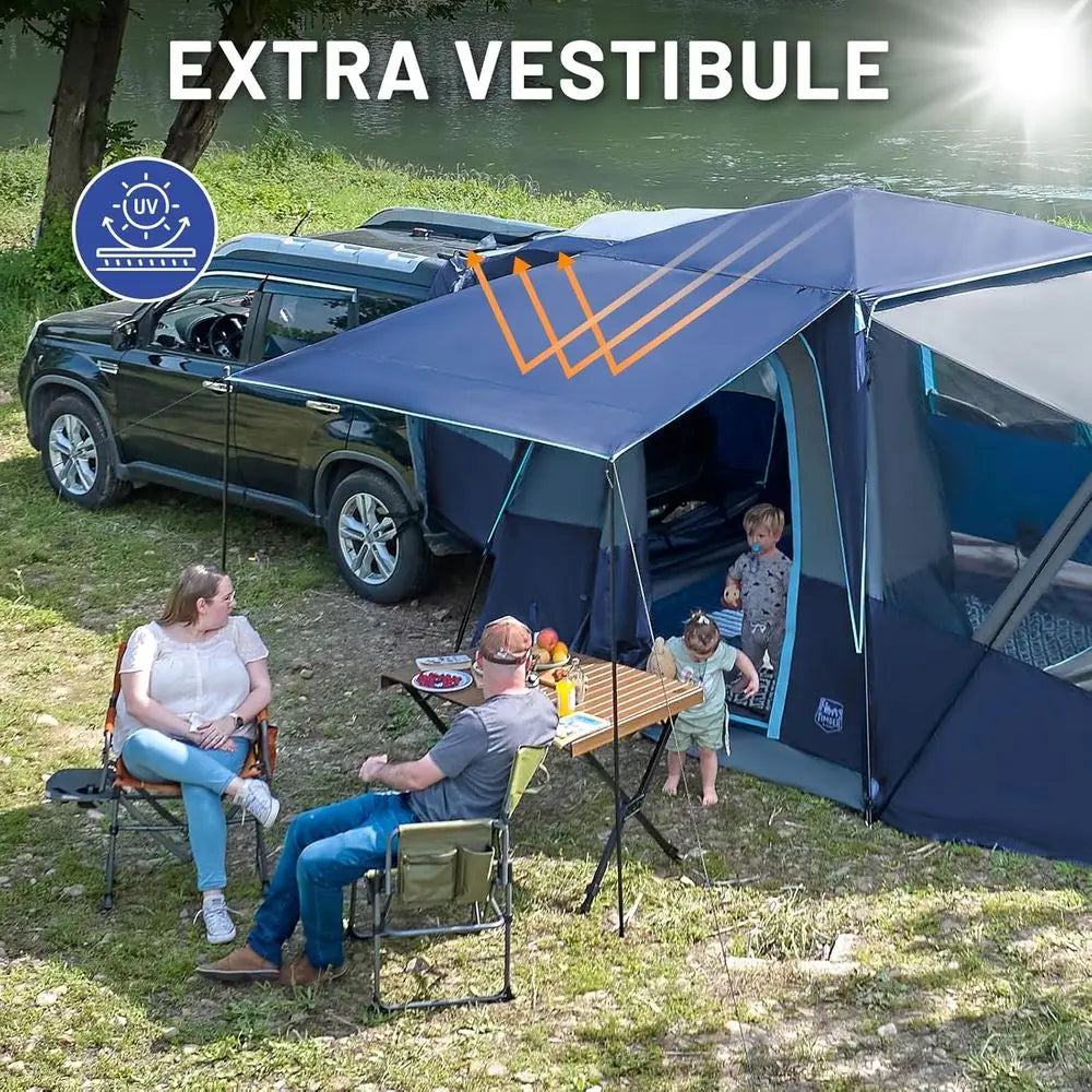 Family Camping SUV Tent: 5-9 Person, Weather-Resistant with Screen Porch and Awning, Portable for Van or Car, Includes Rainfly a