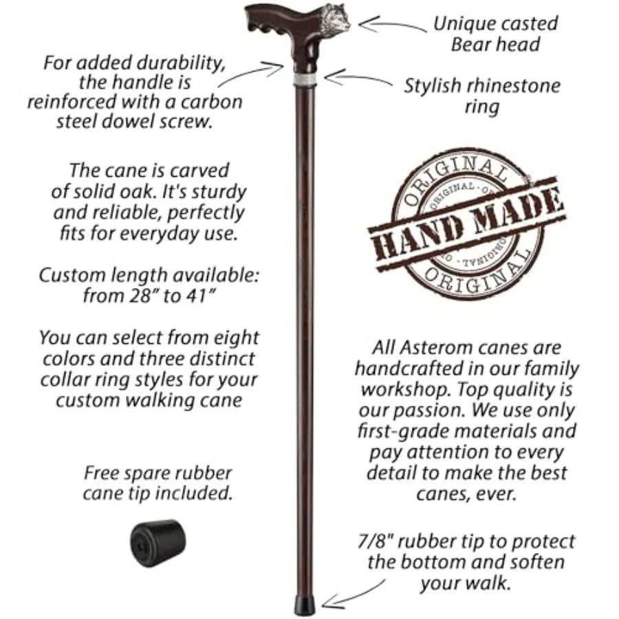 Asterom Handmade Walking Cane for Women Men - Custom Stylish Fashionable Wooden Cane in Bear Design - Walking Sticks for Senior
