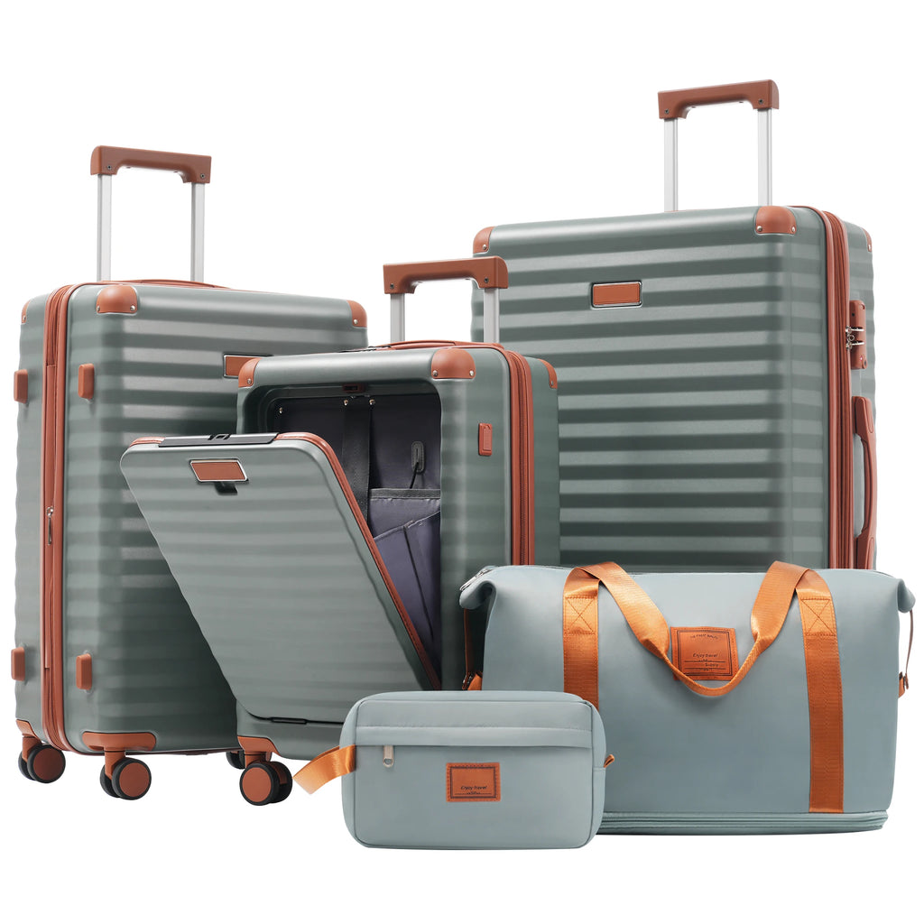 Luggage Sets 5 Piece with Front Opening , Hardside Expandable Carry on Suitcase with Spinner Wheels TSA Lock USB Port Cup Holder