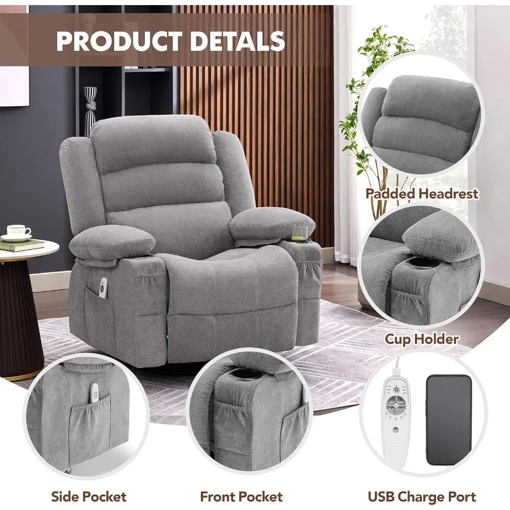 Rocker Recliner Chair with Heat and Massage, 360° Swivel Recliner Chairs for Adults, Oversized Recliner Single Sofa Seat with Cu