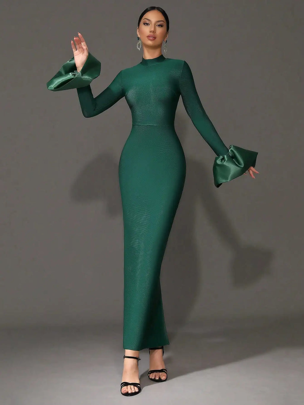 Emerald Green Long Sleeve High Neck Evening Dress with Flared Cuff and Mermaid Silhouette
