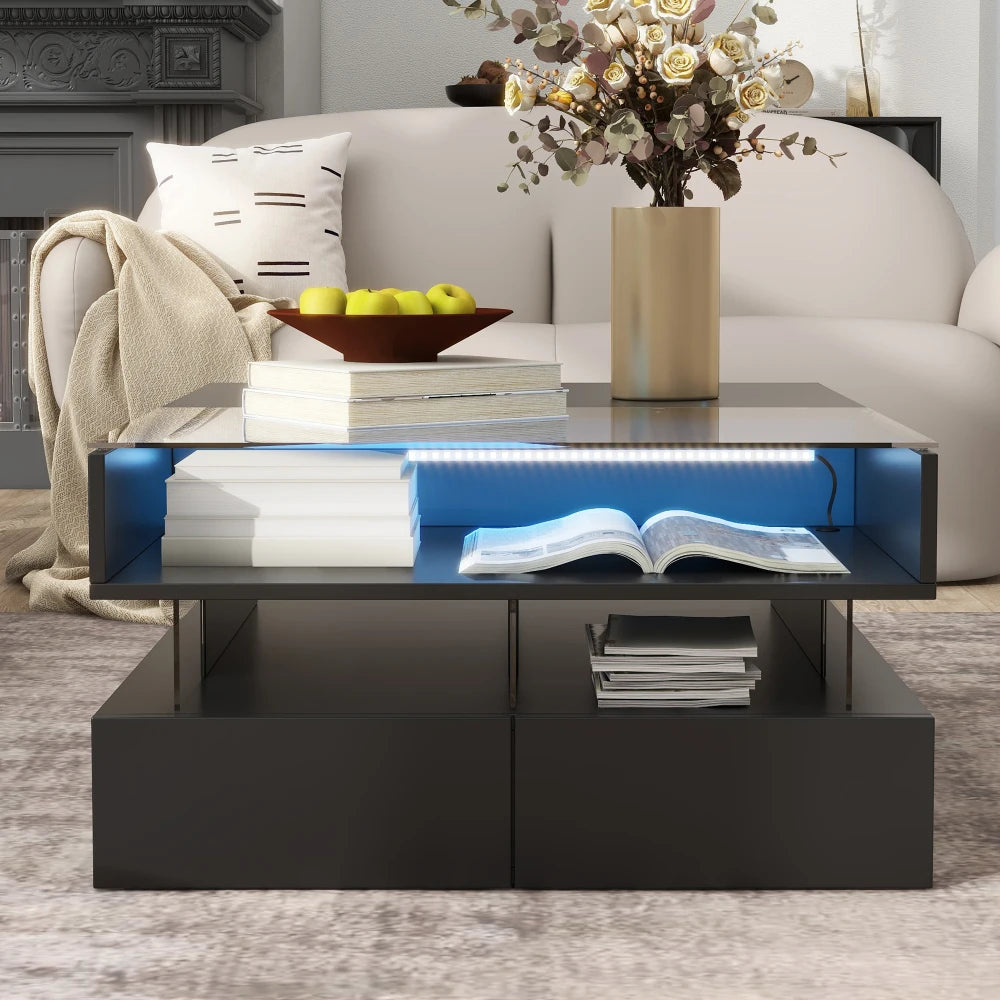 Lift-Top Coffee Table with 2 Drawers, Modern Square Coffee Table with Glass Top for Living Room