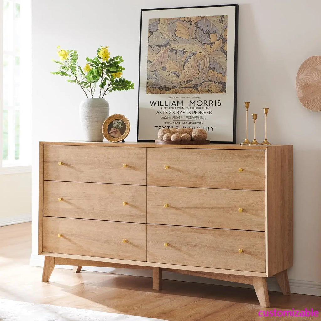 6 Drawer Dresser, 54" Wide Mid Century Modern Chest of Drawers, Beveled Profile Design, Wood Drawer Organizer