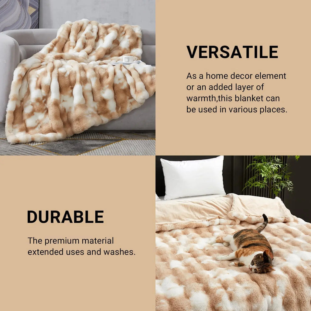 Fluffy Faux Fur Bubble Throw Blanket 60x80" Tie Dye Khaki, Soft Cozy Sofa Bed Decor Gift