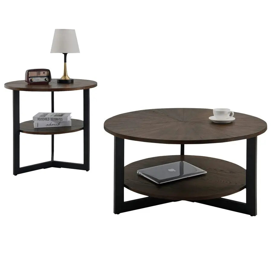 Round Coffee Table with Storage Shelf, Farmhouse Living Room Cocktail Black Metal Legs, Circular Solid Wood Center Tea Table, So