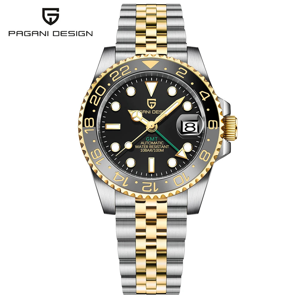 New PAGANI DESIGN GMT Automatic Wristwatch Stainless Steel 100M Waterproof Watch Top Brand 40mm Mechanical luminous Watch Men