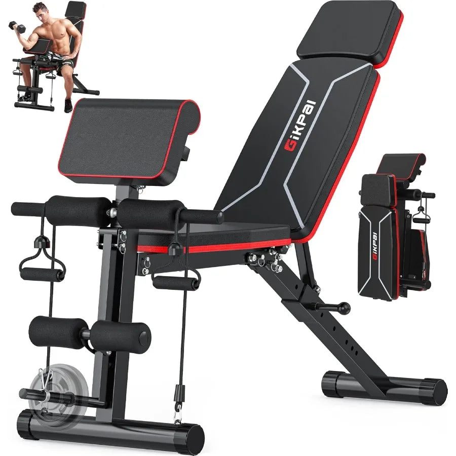 Adjustable Weight Bench for Home Gym: Foldable Incline Decline SitUp Exercise Bench with Leg Extension and Preacher Pad for Ful
