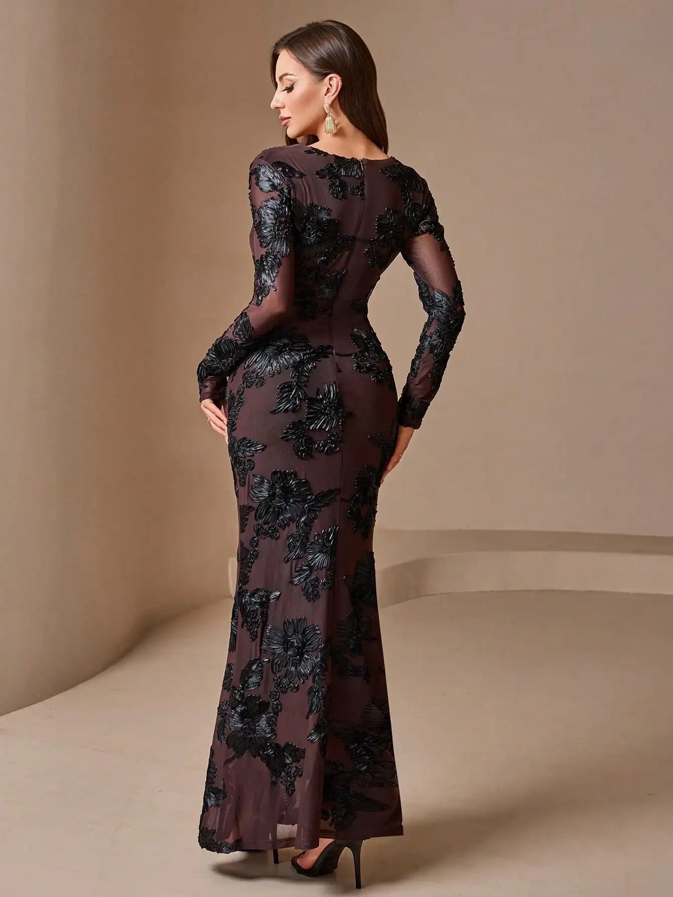 Women's Random Floral Print Round Neck Shoulder Gathered Waist Fitted Elegant Dress