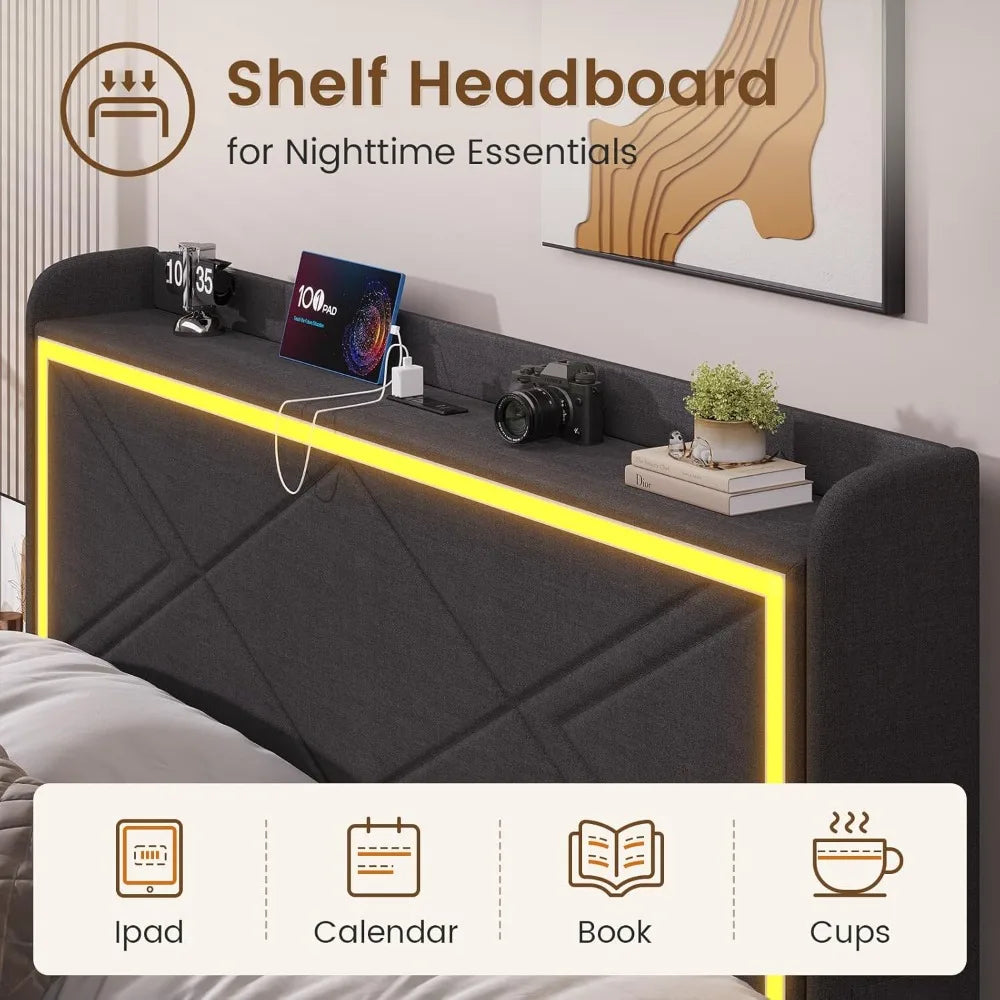 Bed Frame with RGB LED Lights Headboard & USB-C/A Charging Station, Modern Upholstered Platform Bed with Storage Drawers