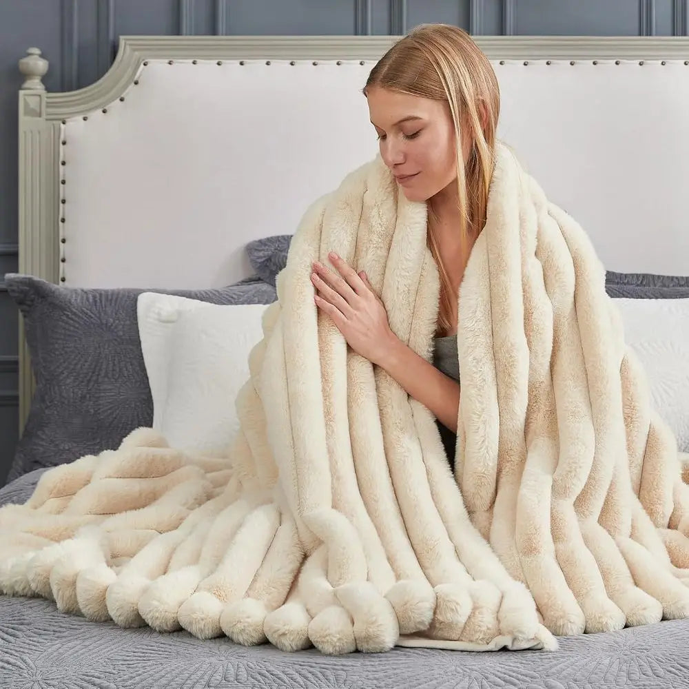 Cozy Plush Striped Faux Fur Throw Blanket, 108x90 Inches, Beige for Sofa, Couch, Bedroom, Living Room