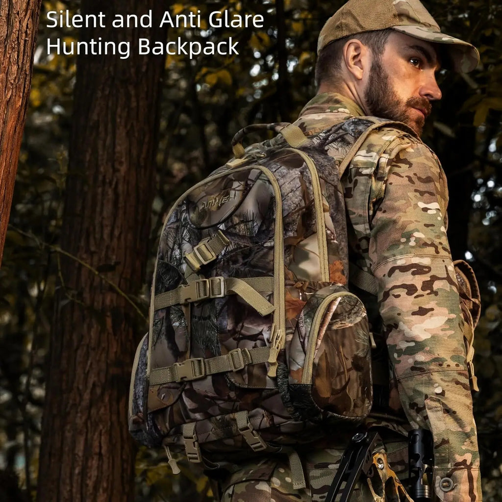 Hunting Backpack with Rifle Bow Holder 31L - Silent Anti Glare Hunt Day Pack with Quick Access, One Size Fits Most Camo