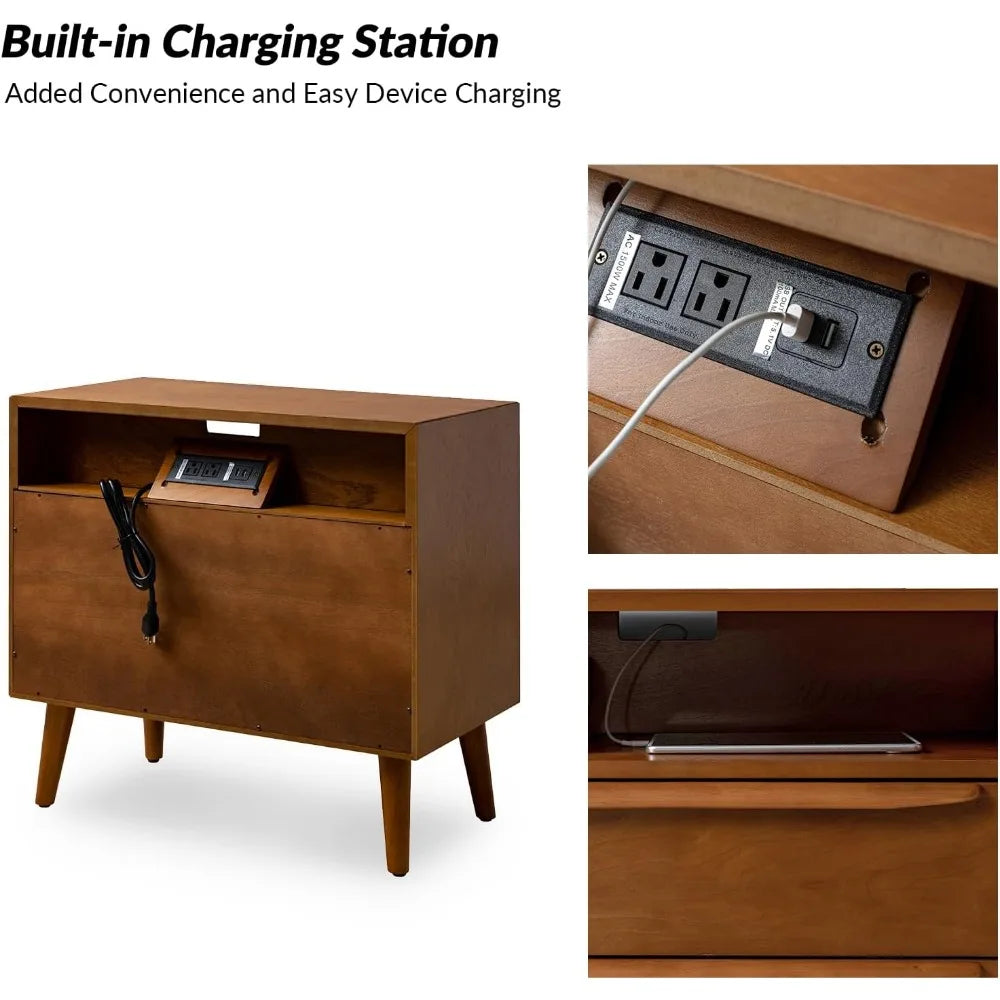 hulala home nightstand with charging station, mid-century modern 2 drawer and open shelf dresser for bedroom, fluted bedside tab