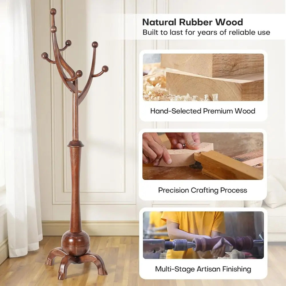 Wooden Coat Rack Freestanding with 8 Hooks, Heavy Duty Coat Hanger Stand with Stable Base, Vintage Coat Tree Standing