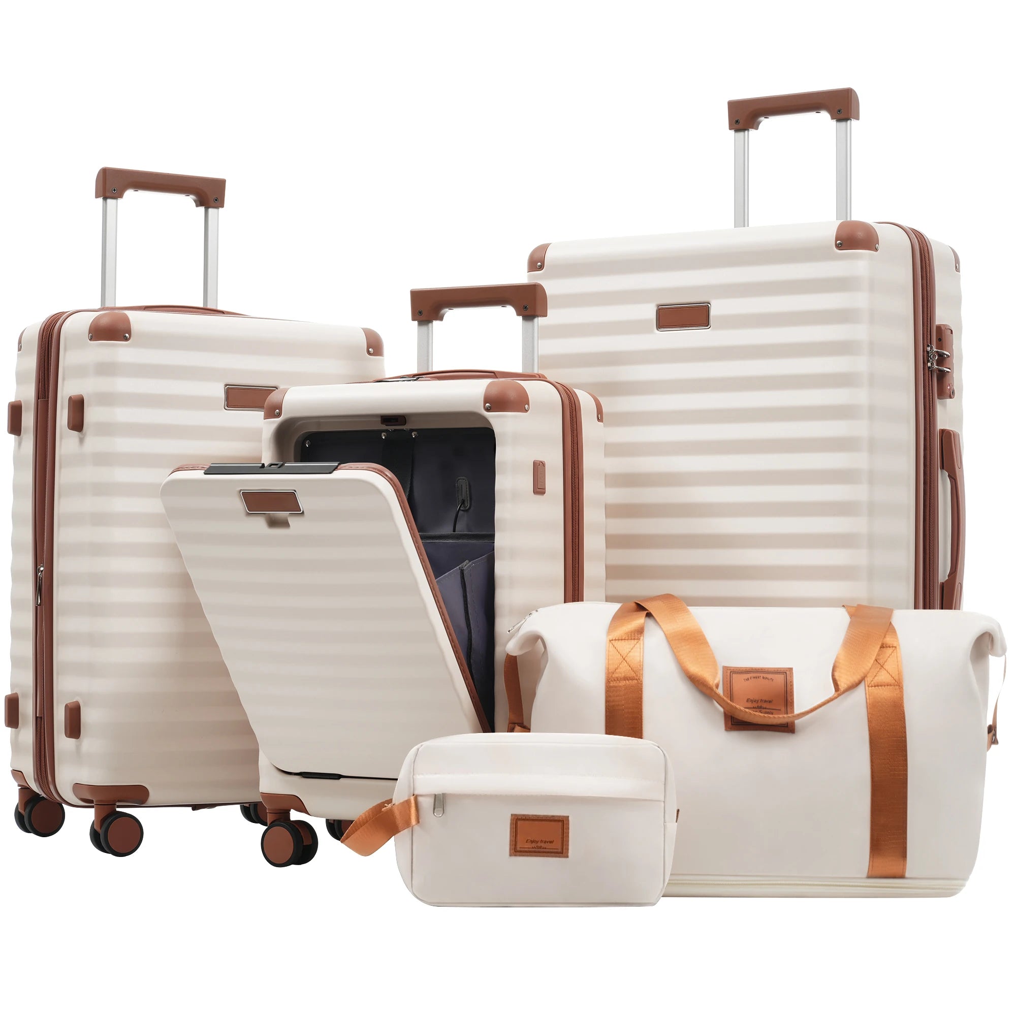 Luggage Sets 5 Piece with Front Opening , Hardside Expandable Carry on Suitcase with Spinner Wheels TSA Lock USB Port Cup Holder