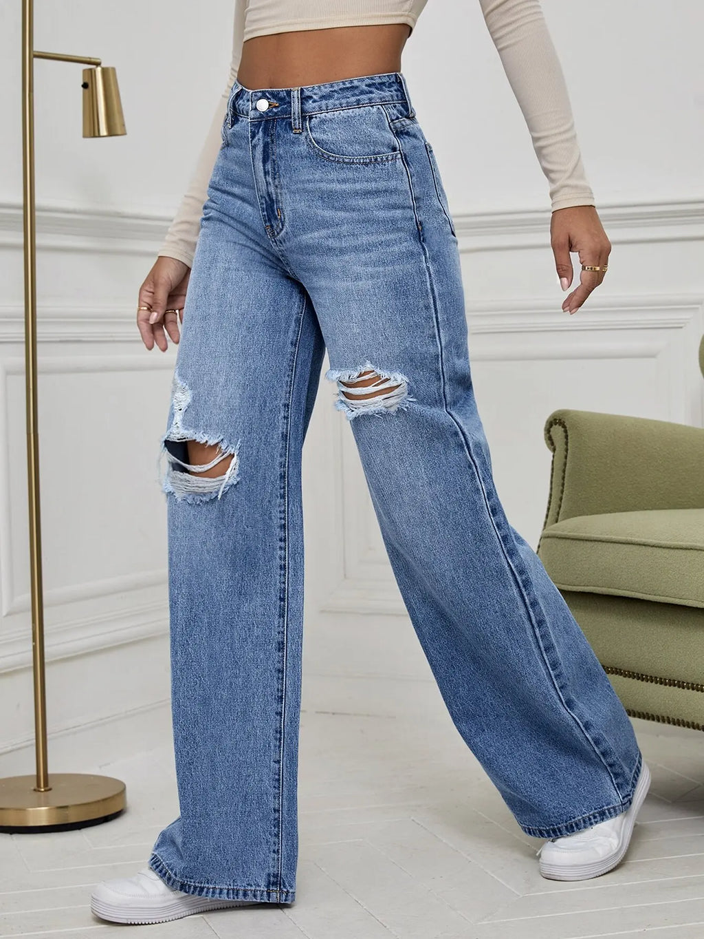 High Waist Ripped Wide Leg Jeans for Women, Distressed Denim Pants with Loose Fit