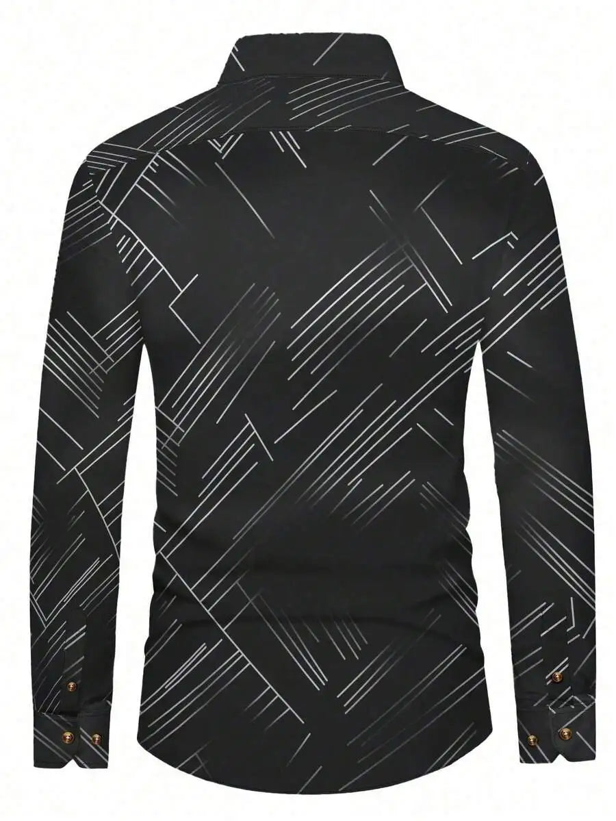 Men's Slim Fit Long Sleeve Button-Down Shirt with Geometric Line Print