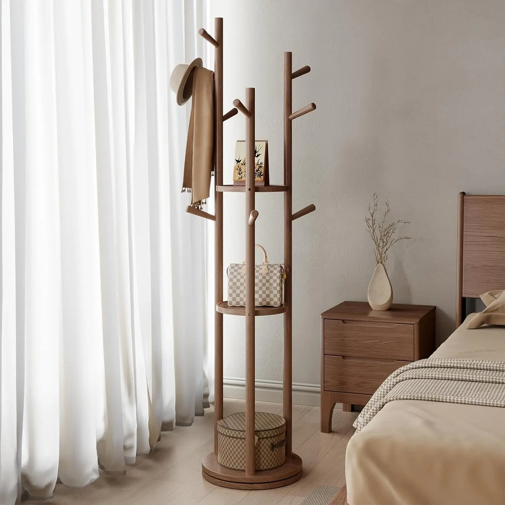 Solid Wood Rotary Coat Rack, Freestanding Coat Rack with 3 Shelves and 9 Hooks, Coat tree for Bedroom, Entryway, Livingroom