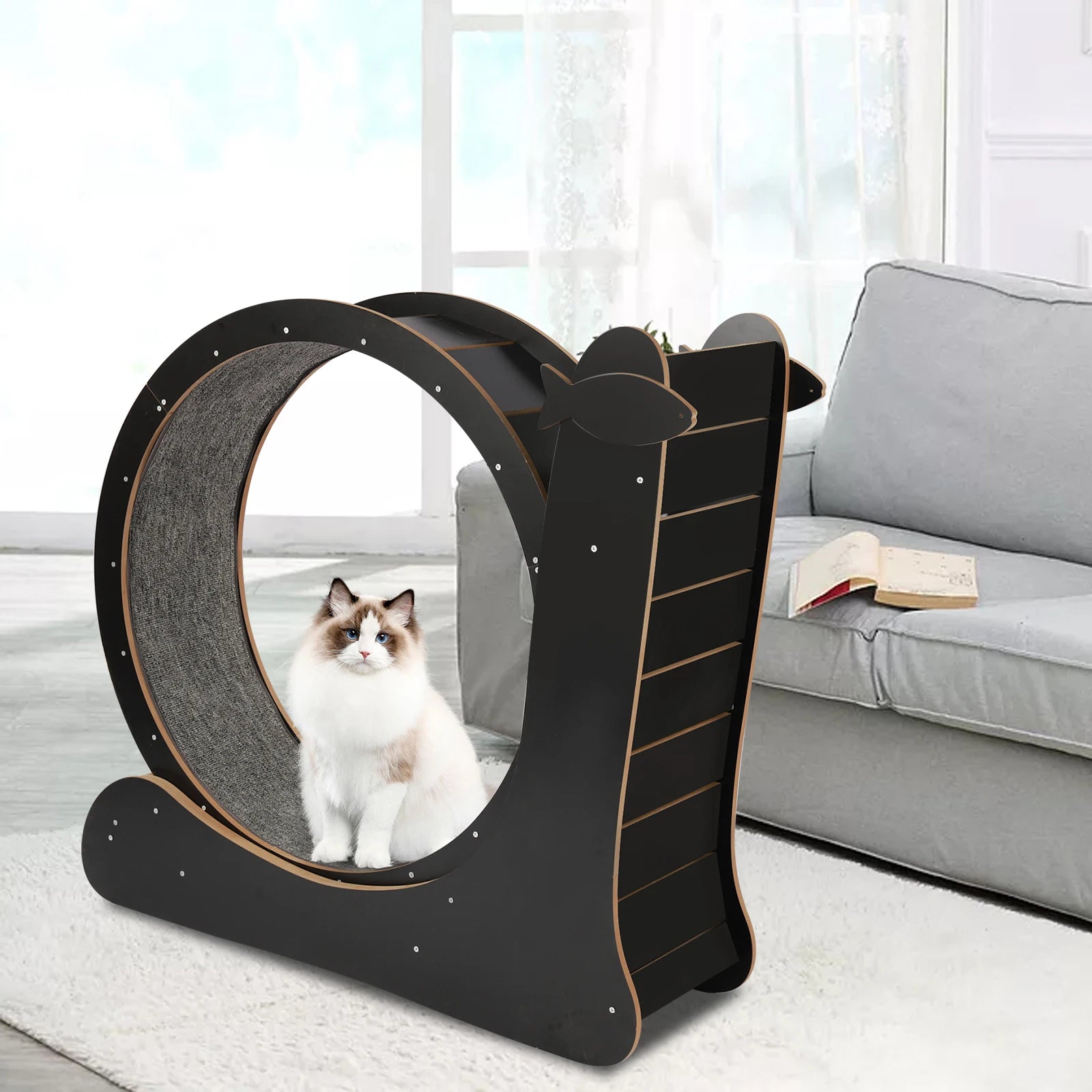 Cat Exercise Treadmill with Carpeted Runway, Safe Lock&Noise Reduction, Snail-Shaped Black Pet Fitness Toy for Cats Up to 33lbs