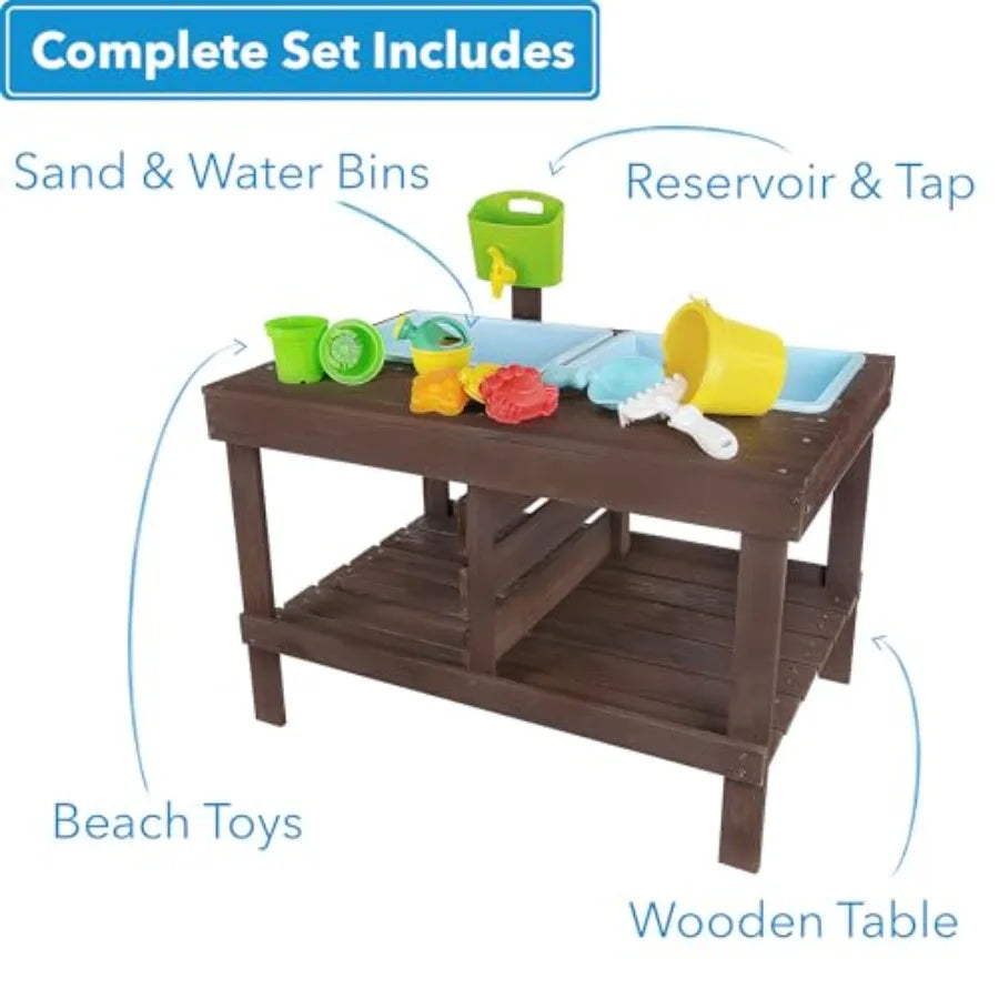 Sand and Water Table for Toddlers | Outdoor Wooden Sensory Sand Table with 2 Plastic Bins, Built-in Water Tap and Beach Toys Inc