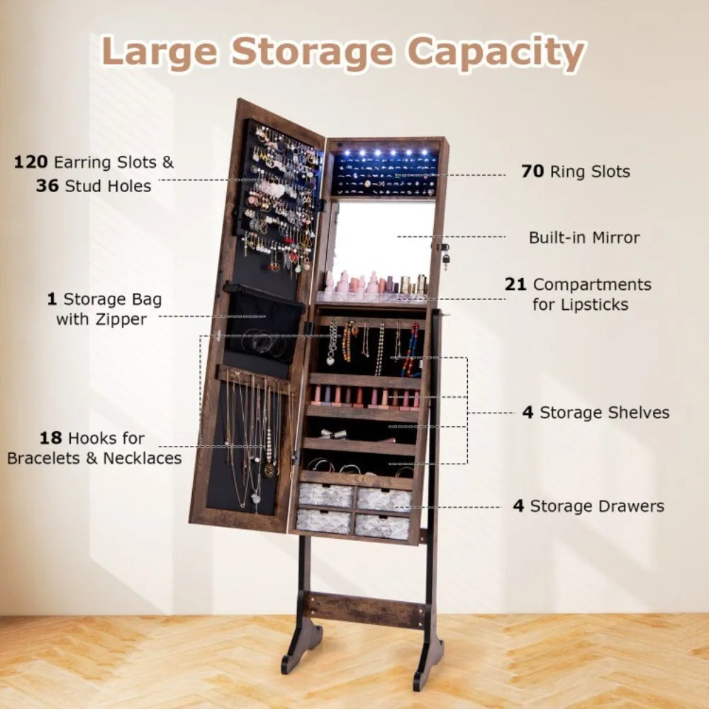 Jewelry Storage Cabinet Armoire FreeStanding Full Length w/ LED Lighted Mirror