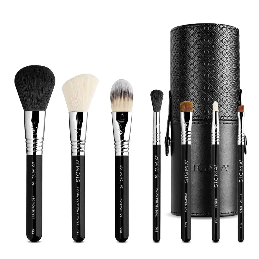 7-Piece Travel Makeup Brushes Set for Foundation, Blending, Contour, Eye & Brow Makeup with Compact Carrying Case