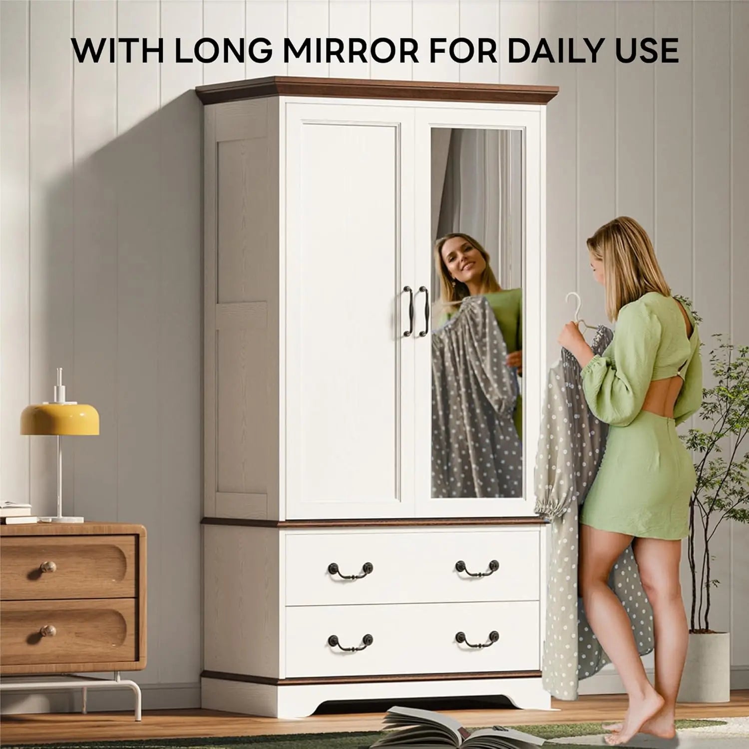 Armoire Wardrobe Closet with Mirror, 70.1" Wooden Clothing Storage Cabinet , Modern Bedroom Freestanding Wardrobe Combination