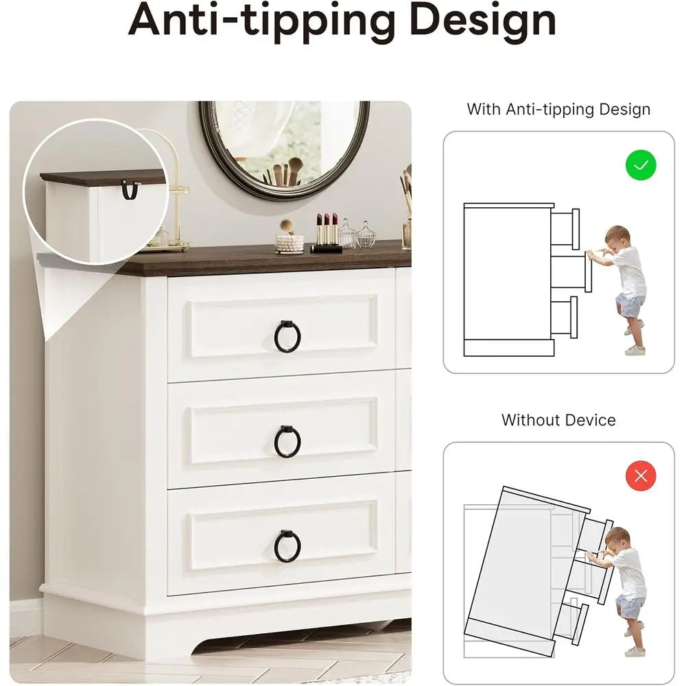 Modern 6-Drawer White Rustic Bedroom Dresser with Round Metal Handles and Thickened Top