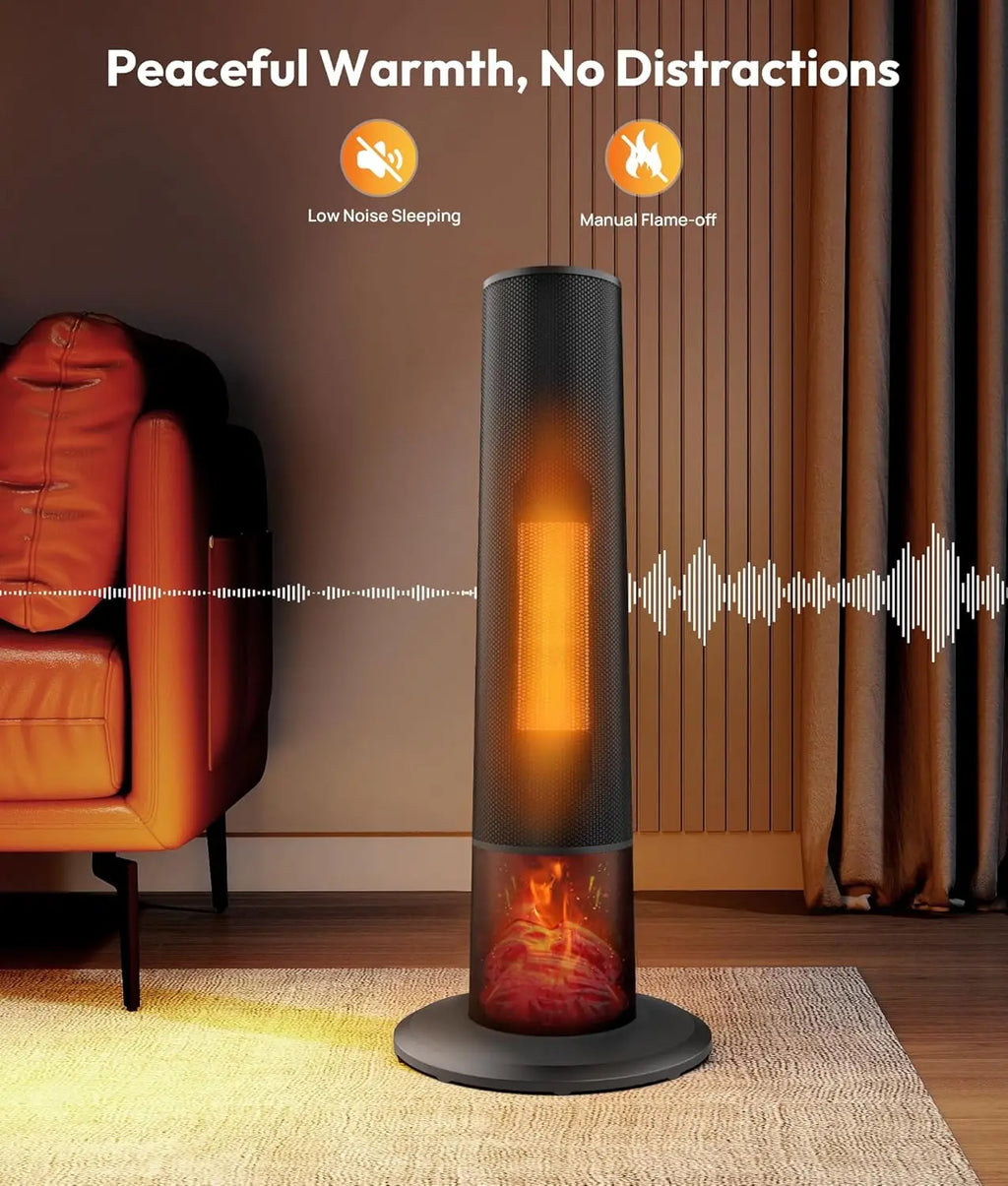 Electric Tower Heater with 3D Flame, Portable Space Heater for Bedroom, Office – 2 Modes, Thermostat, Tip-over Protection, Oscil