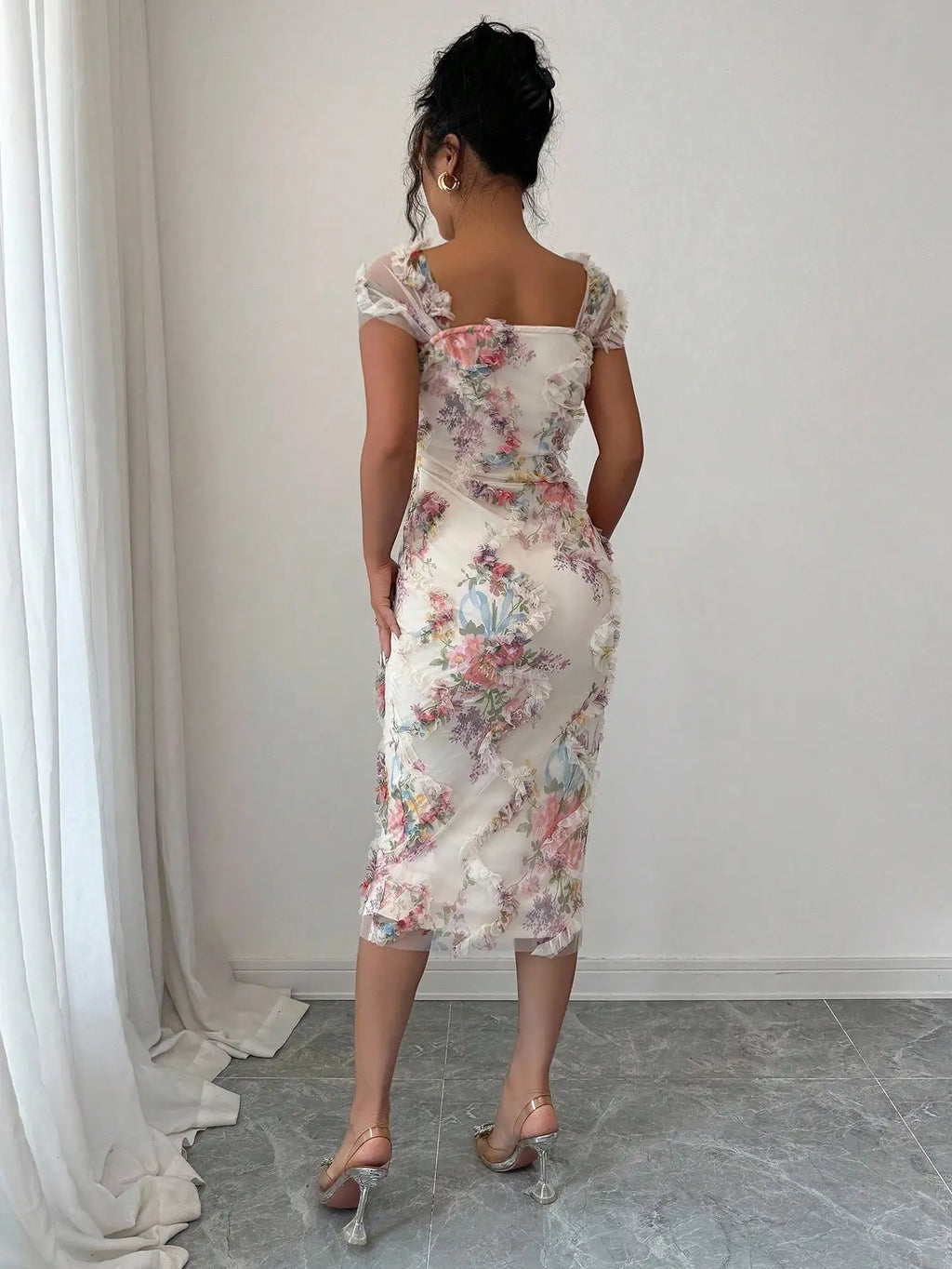 Elegant Floral Print Ruched Waist Midi Dress with Ruffles and Square Neck
