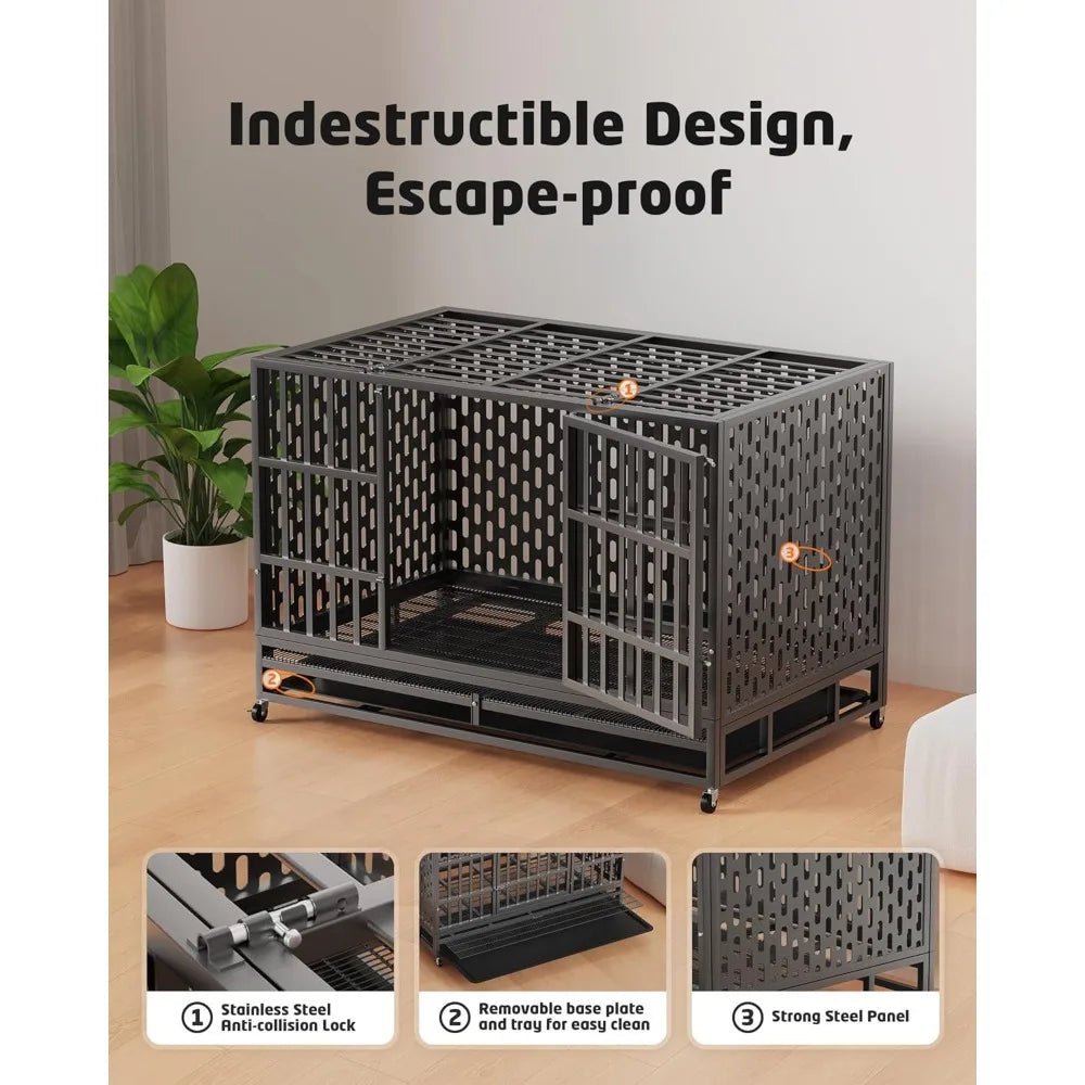 48 Inch Heavy Duty Indestructible Dog Crate Steel Escape Proof, Indoor Double Door High Anxiety Cage, Kennel with Wheels,Customi