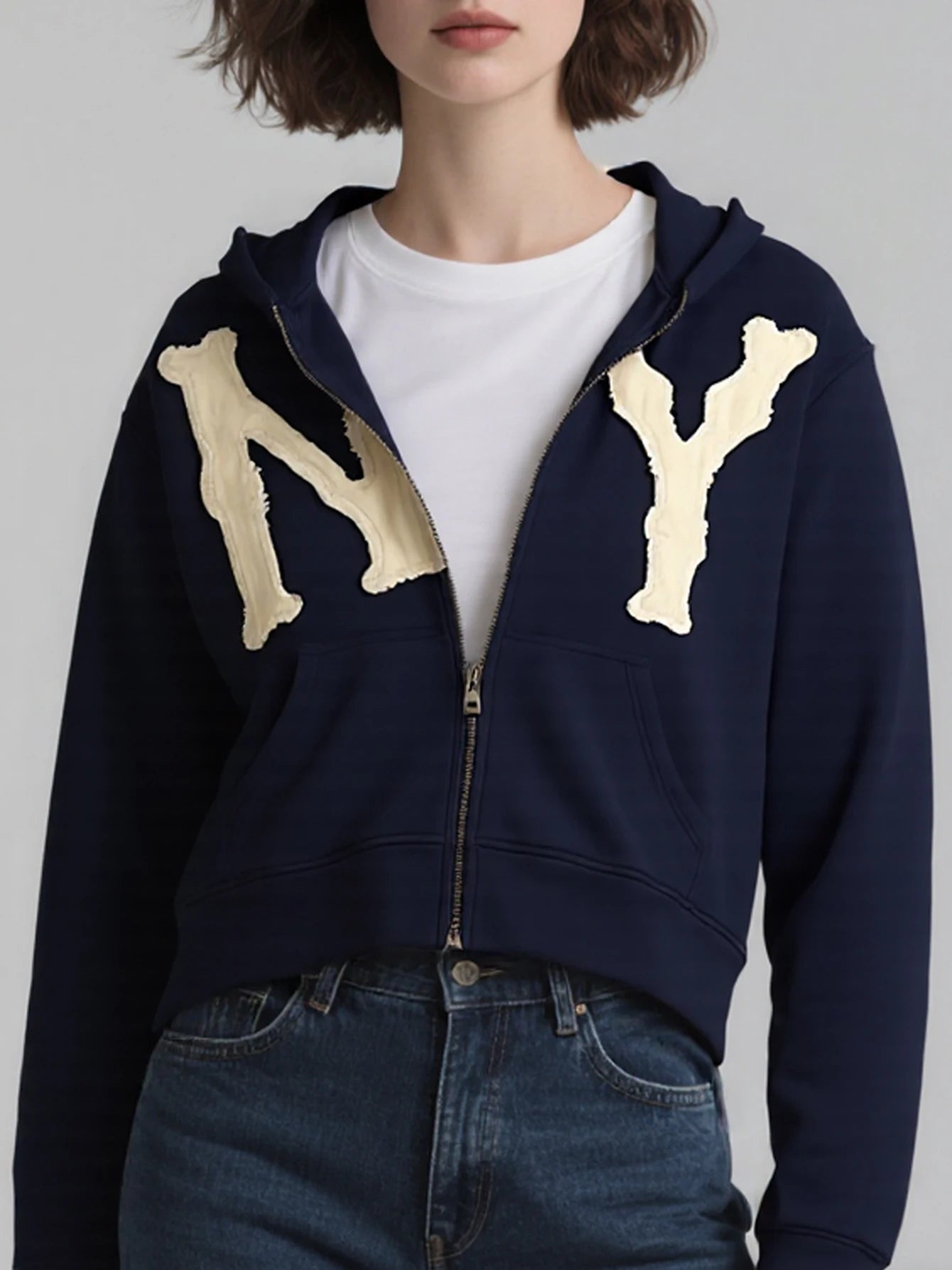 NY Navy Blue Letter Pattern Fall Jackets for Men Y2K Casual Zip Up Hoodie Fashionable Sports Style Jacket Unisex