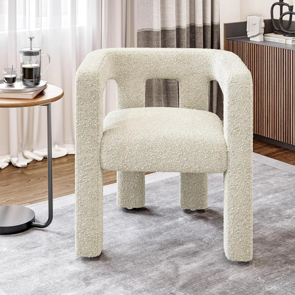 Modern Boucle Barrel Dining Chair, Upholstered Linen Kitchen Boucle Armchair with Sidearms and Back, for Dining Room Living Roo