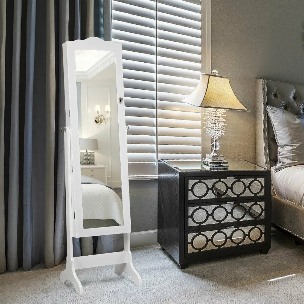 Mirrored Jewelry Cabinet Armoire Storage Organizer w/Drawer & Led Lights White