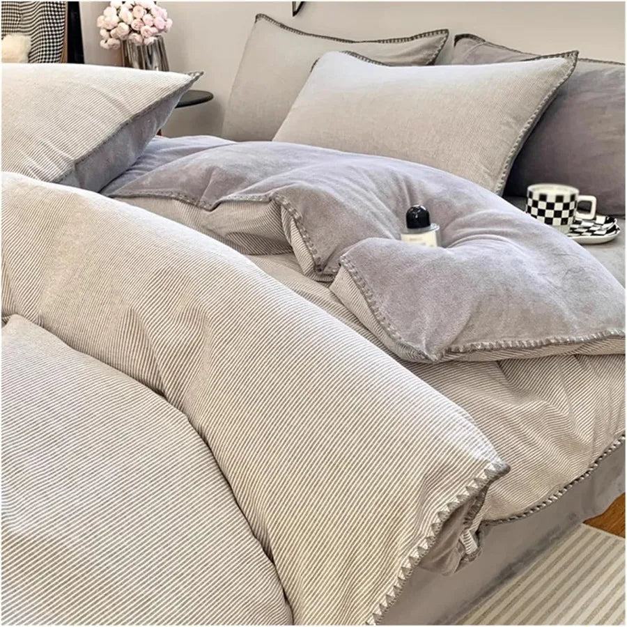 Warm Duvet Cover Set Breathable Winter Bedding with Zipper Closure 4 Pieces Gray Comforter Set for 1.5M Bed Fitted Sheet Pillow