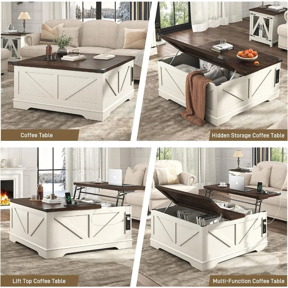 40” Large Farmhouse Lift Top Coffee Table with Power Outlets and Large Hidden Storage, Square Wood Living Room Tables, Multi-Fun