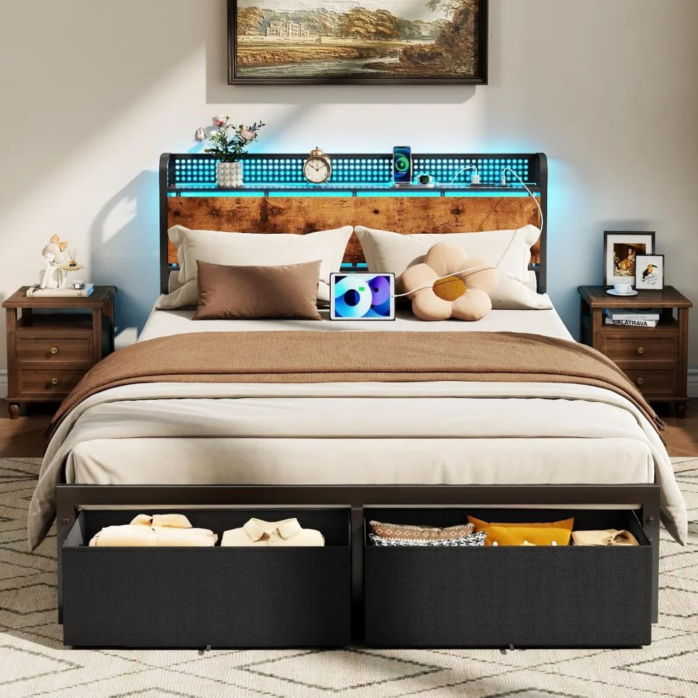 Queen Size Bed Frame with Headboard, Platform Bed Frame Queen Size with 2 Storage Drawers and Charging Station & LED Light.