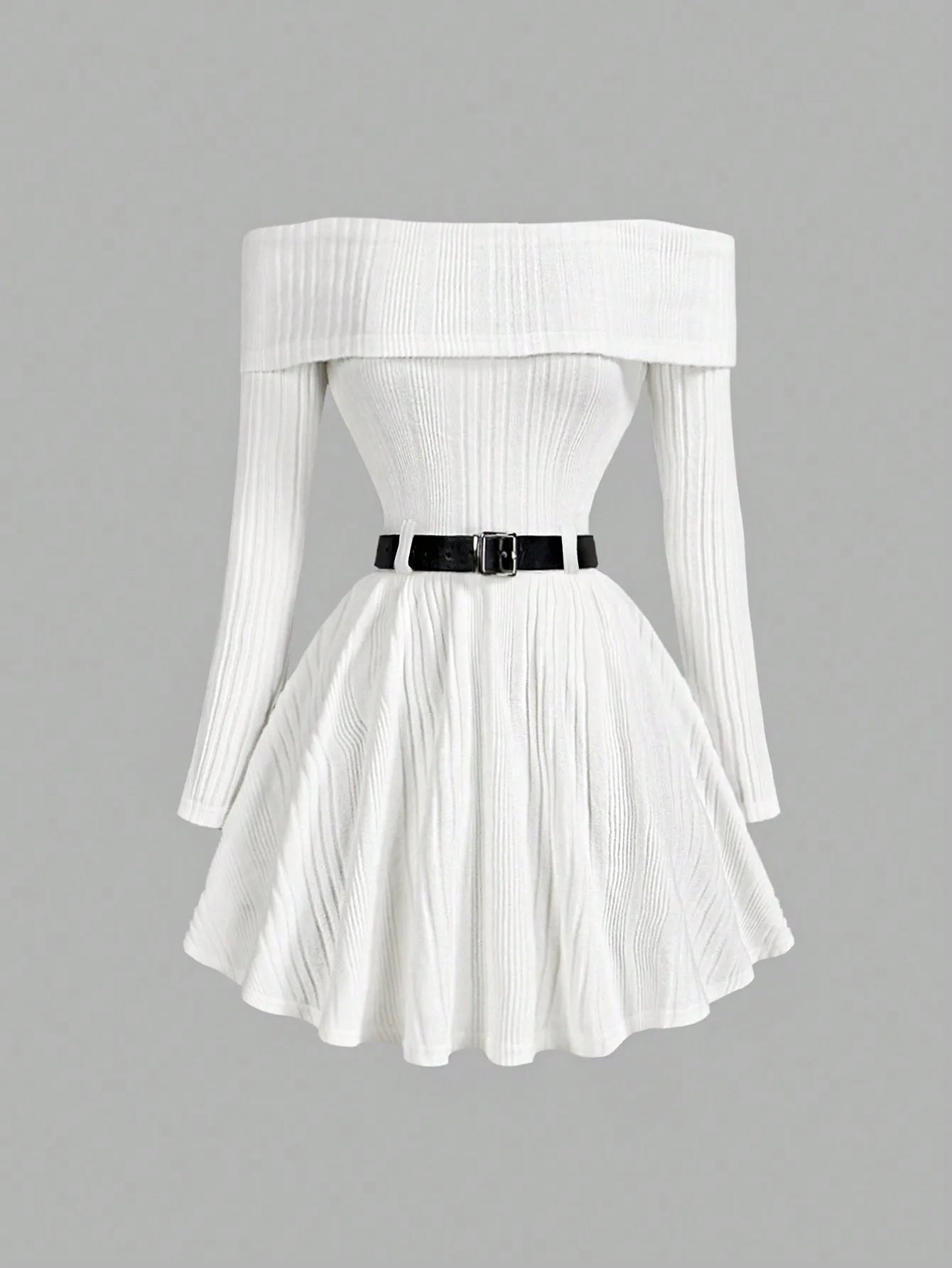 White Off-Shoulder Long Sleeve Knit Dress with Belted Waist and Flared Skirt