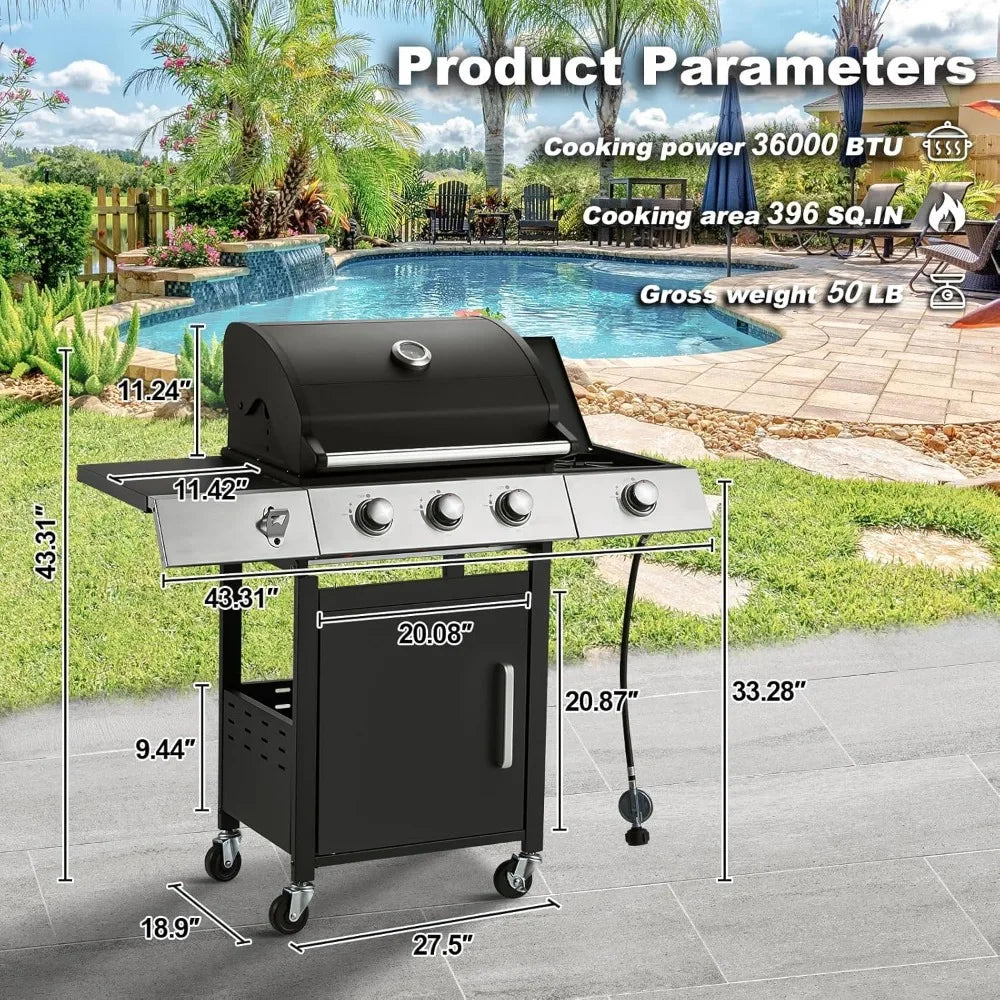 Stainless Steel 36,000 BTU Propane Grill with 3 Burners, Cast Iron Grates, and Side Shelf BBQ Barbecue